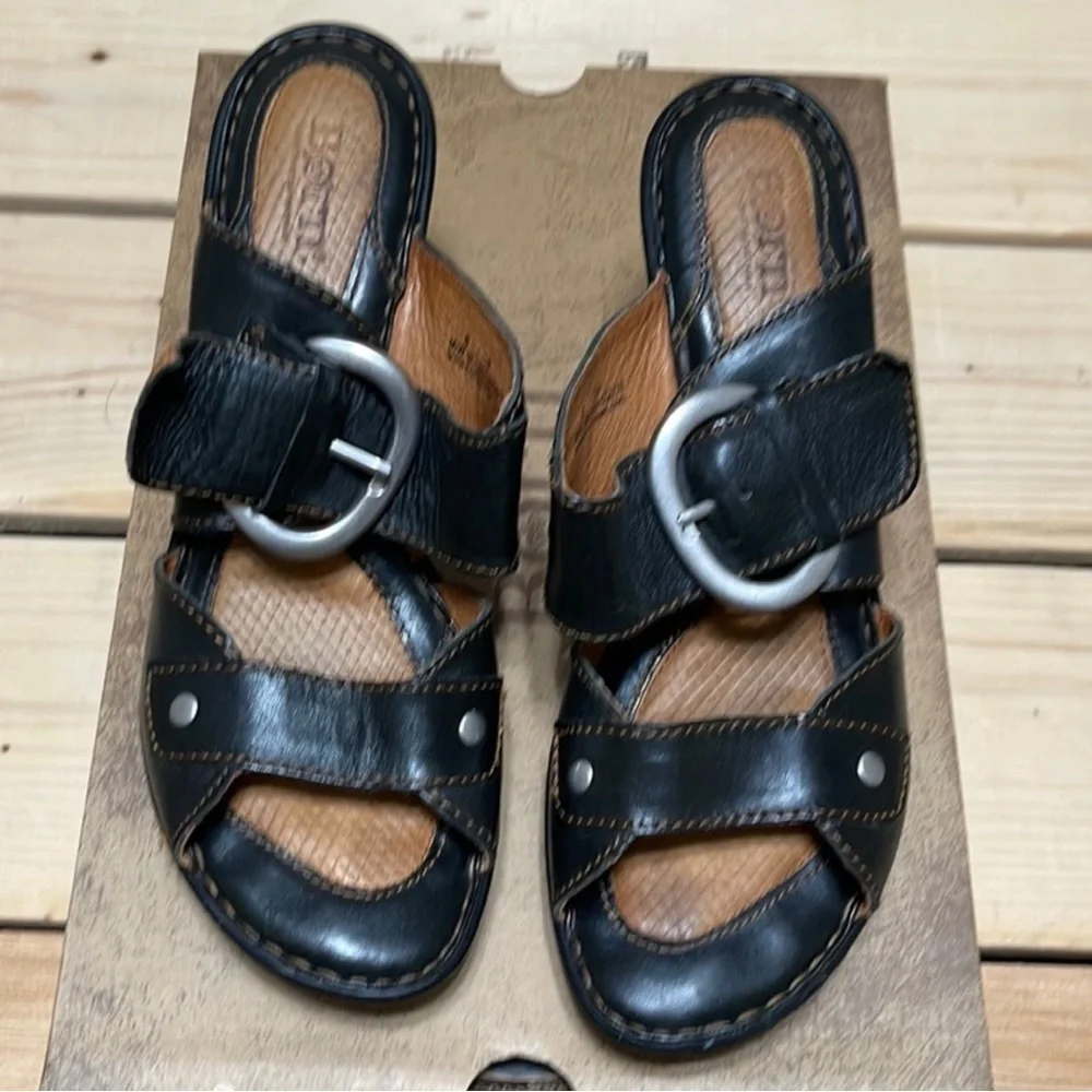 Born Celina Black Leather Heeled Sandals Size 9 Chunky Heel Buckle Mule